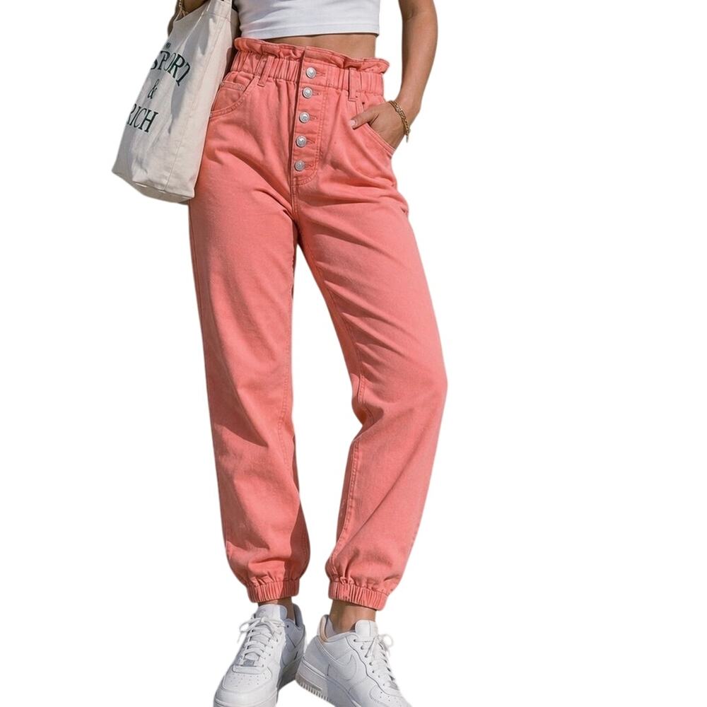 Express Paperbag Waist Luxe Comfort Knit Jogger Cotton Denim Coral Pink Size 6
